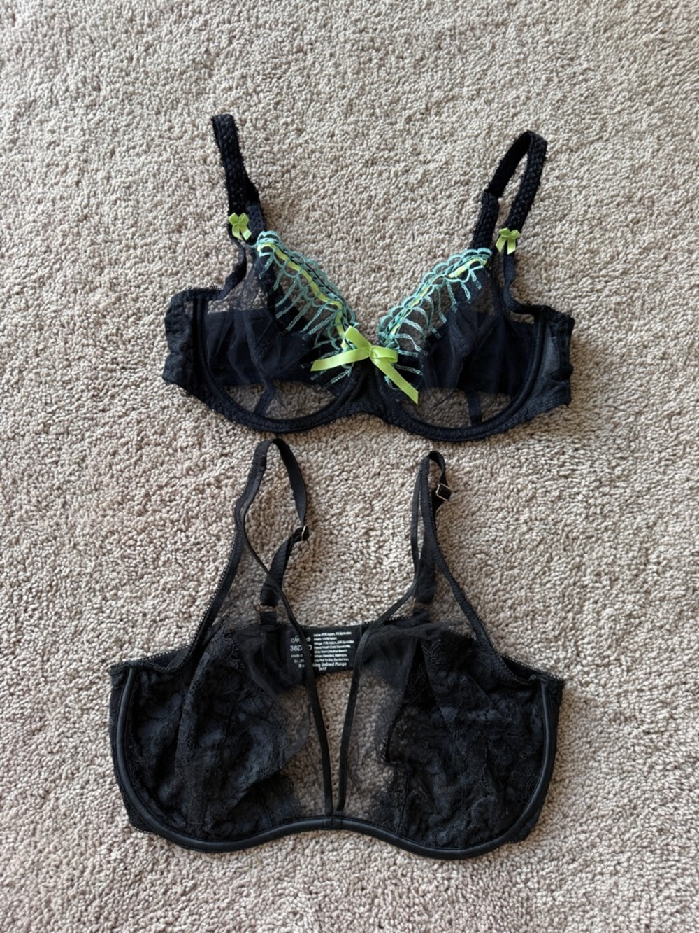 Set of 2 -Soma Black Lace Underwire Bra & freya lace bra with Lime Green Accents
